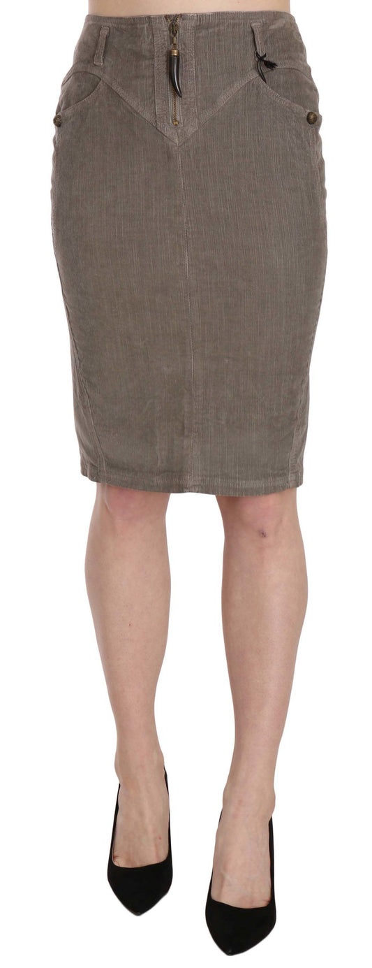 Chic Gray Pencil Skirt with Logo Details - GLAMHUB BOUTIQUE 