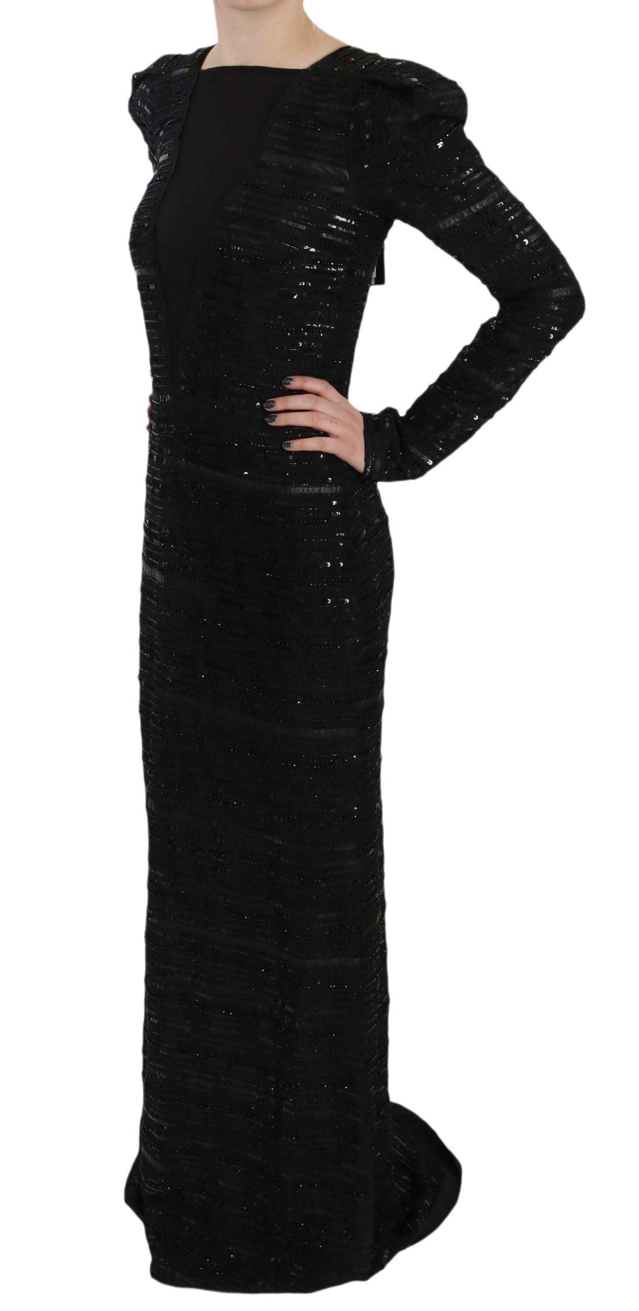 Black Silk Sheath Maxi Dress with Sequins - GlamHub Luxury and Icon Brand Clothing