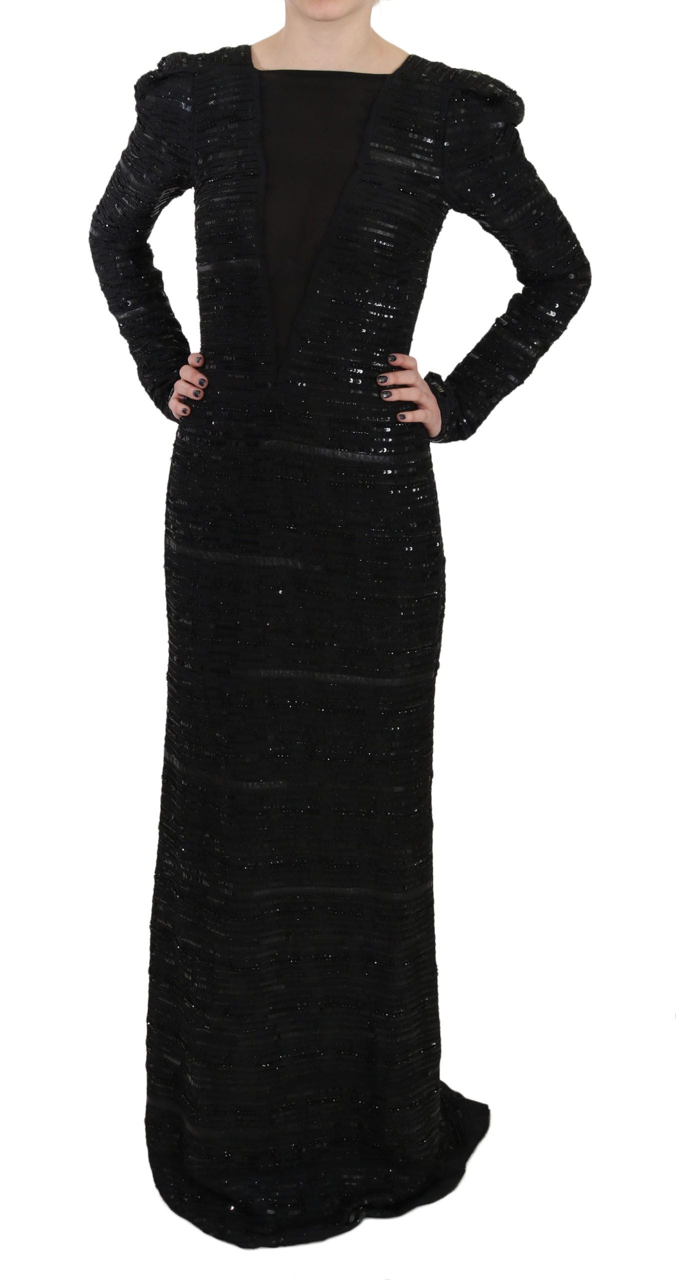 Black Silk Sheath Maxi Dress with Sequins - GlamHub Luxury and Icon Brand Clothing