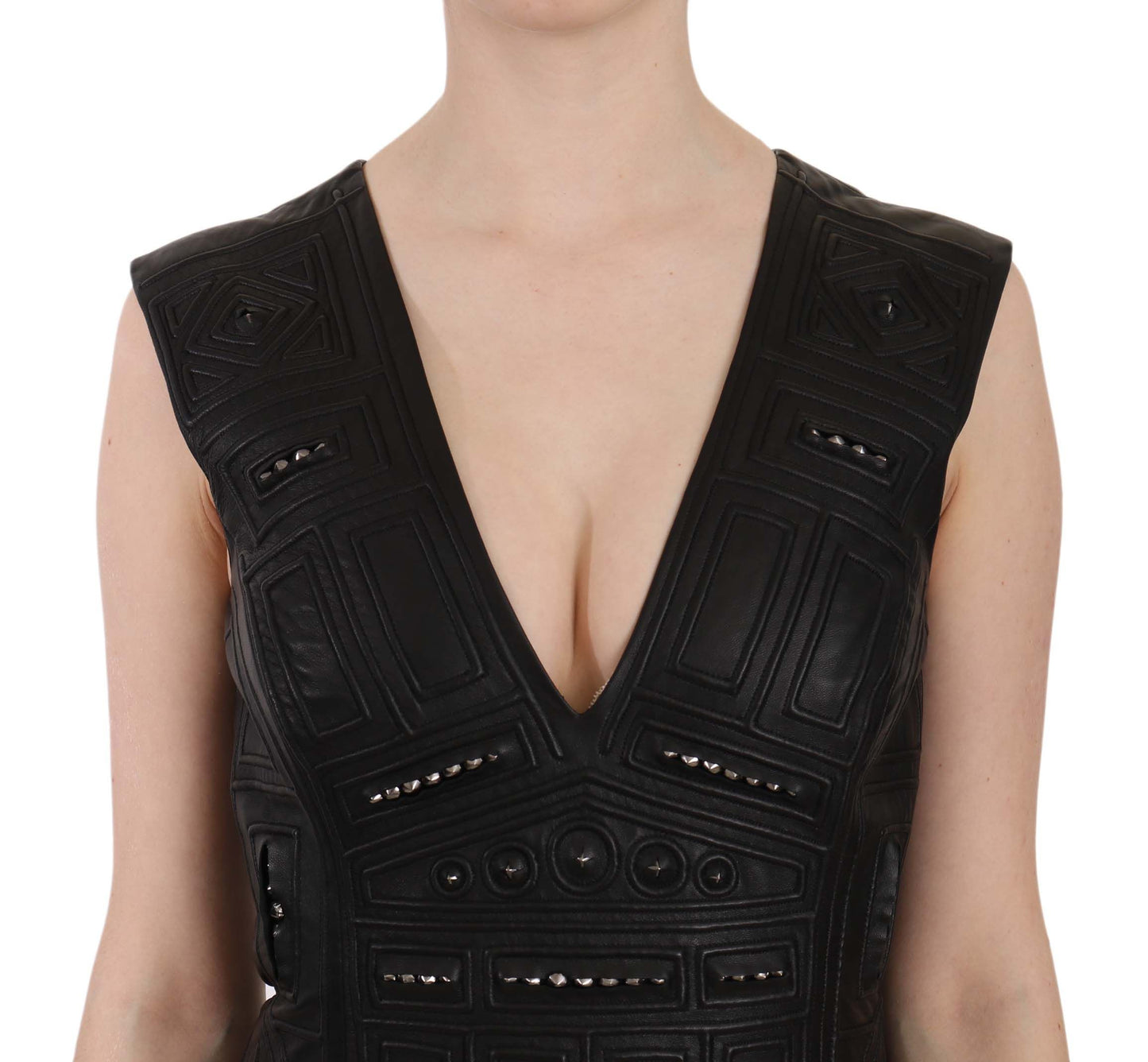 Studded Black Leather Mini Sheath Dress - GlamHub Luxury and Icon Brand Clothing