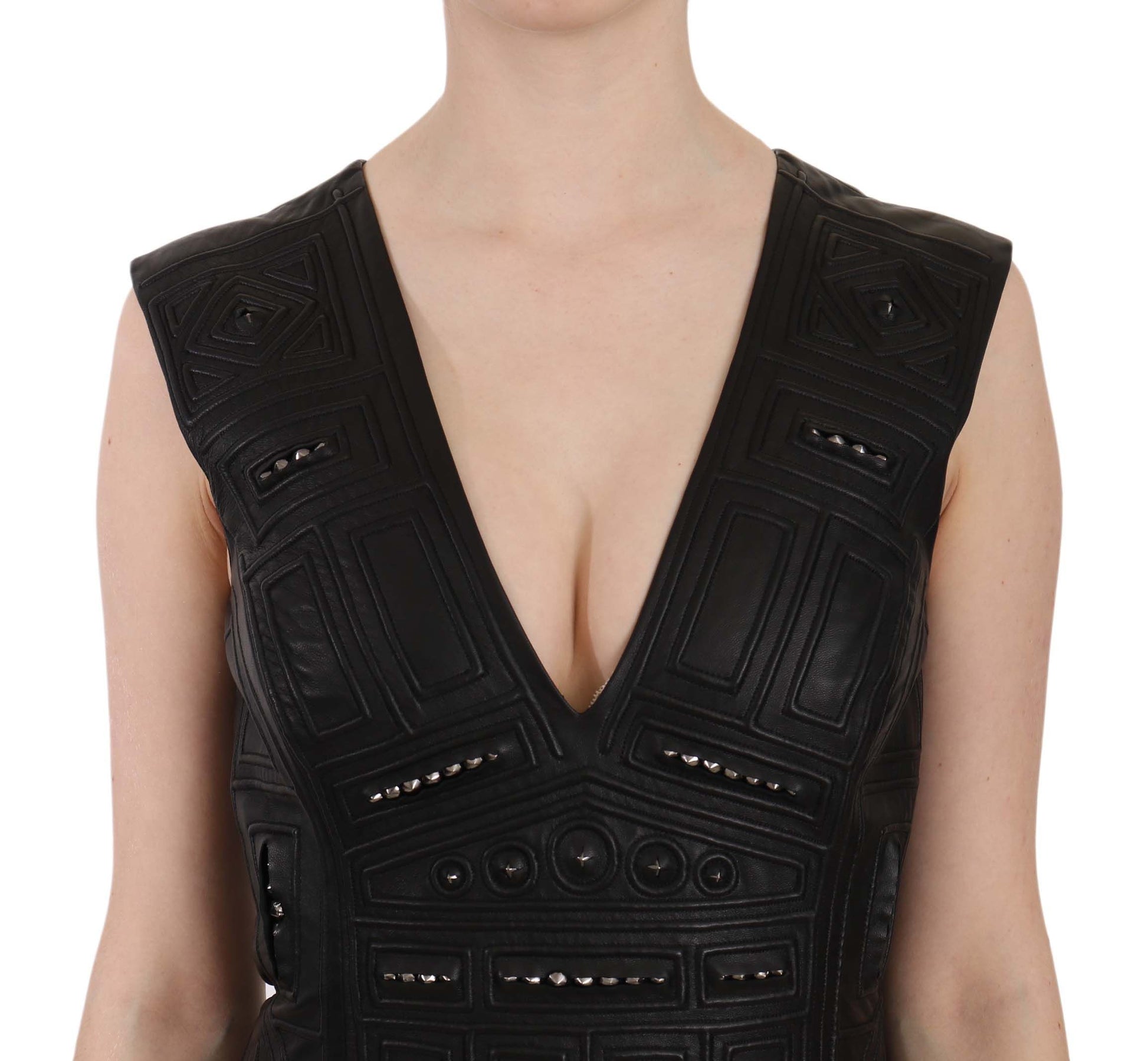 Studded Black Leather Mini Sheath Dress - GlamHub Luxury and Icon Brand Clothing