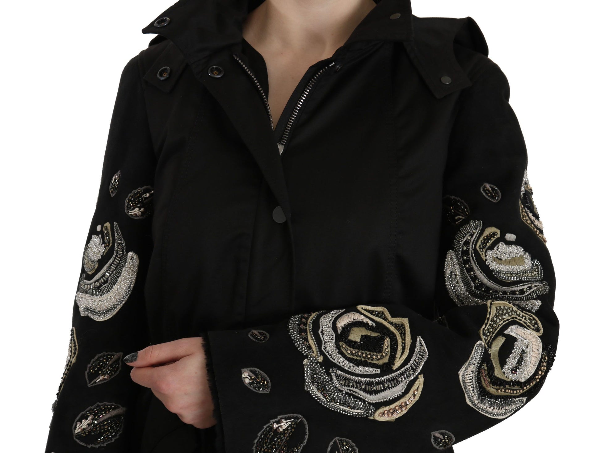 Elegant Black Beaded Parka Jacket for Women - GlamHub Luxury and Icon Brand Clothing