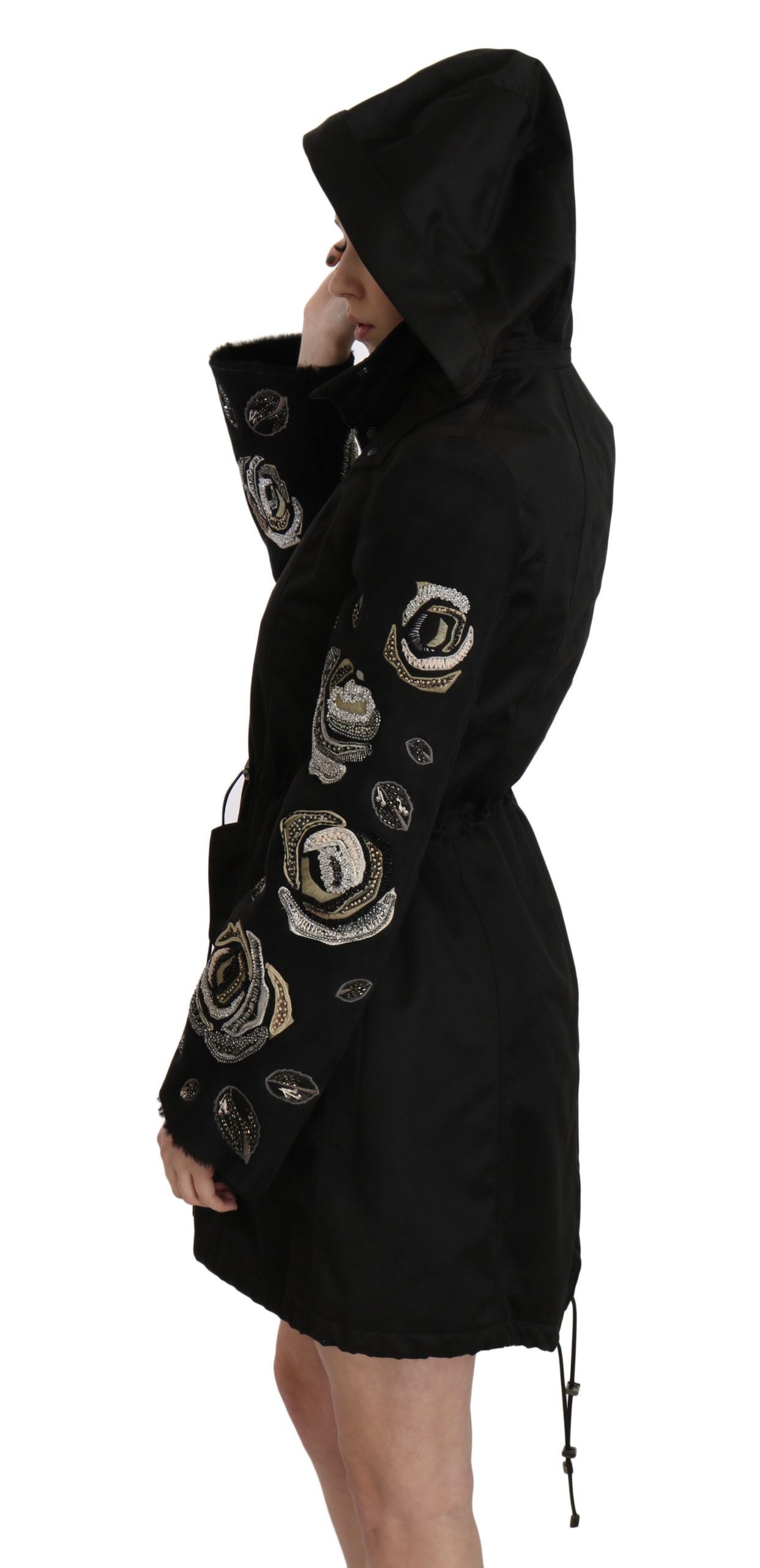 Elegant Black Beaded Parka Jacket for Women - GlamHub Luxury and Icon Brand Clothing