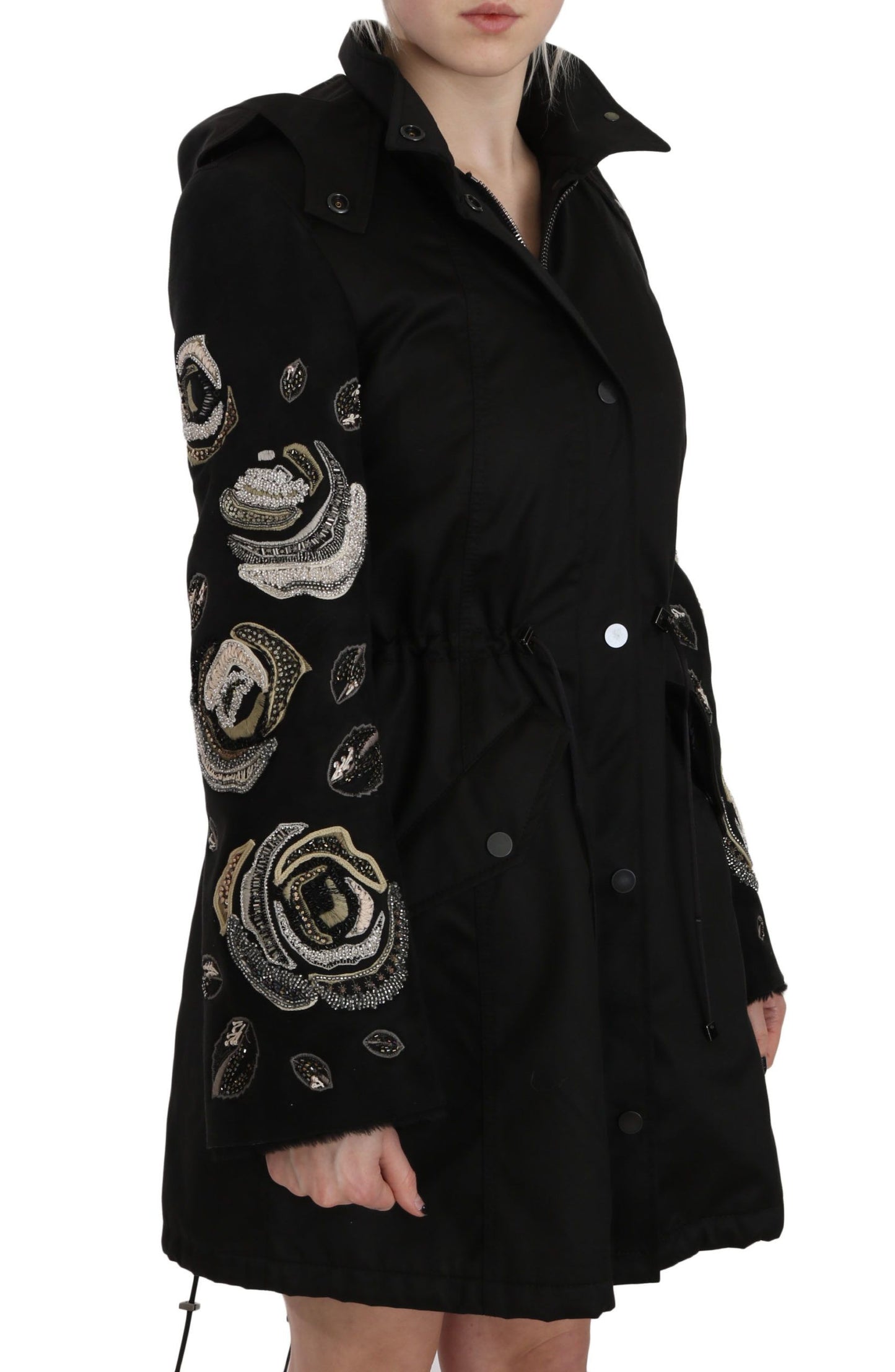 Elegant Black Beaded Parka Jacket for Women - GlamHub Luxury and Icon Brand Clothing