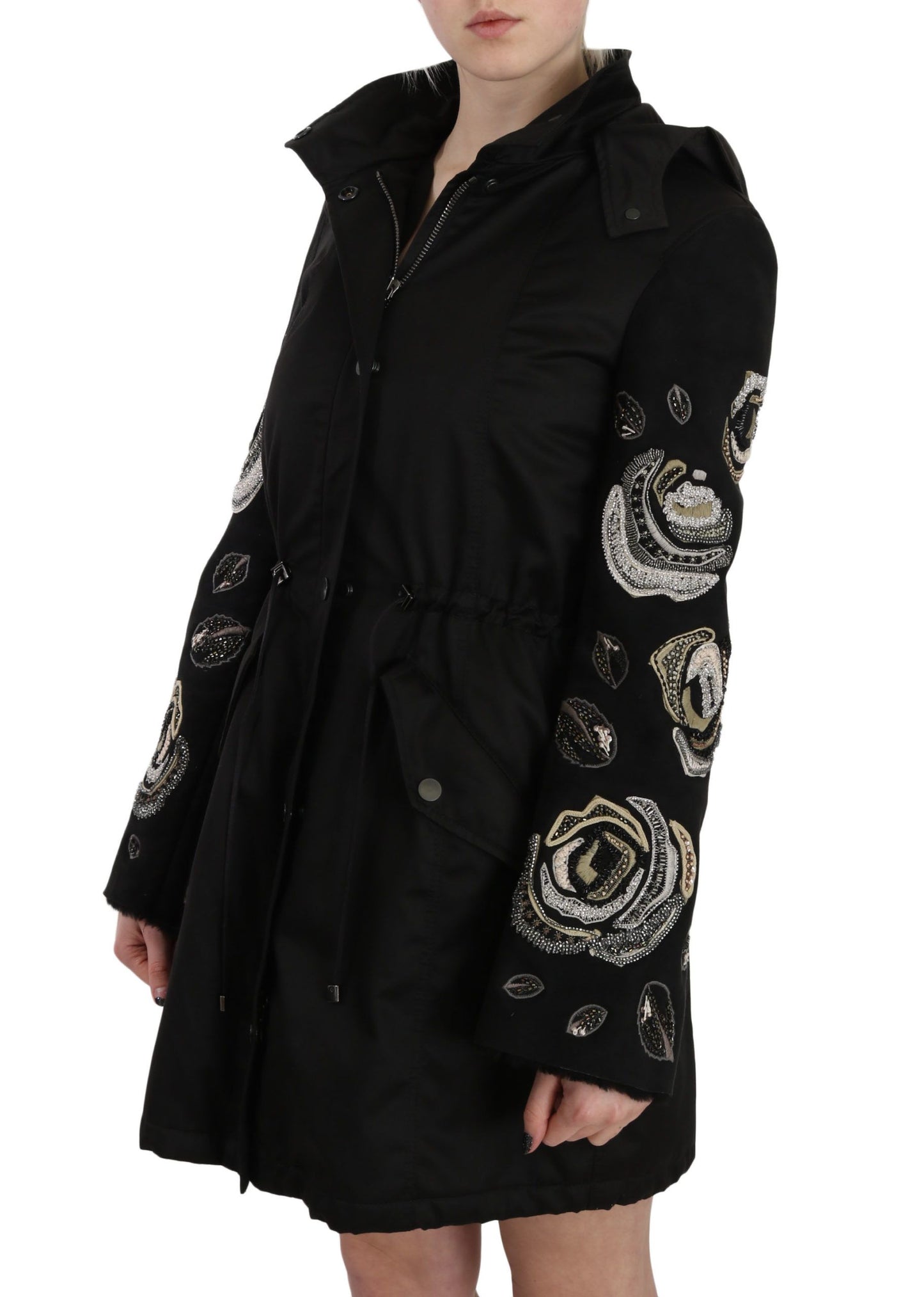 Elegant Black Beaded Parka Jacket for Women - GlamHub Luxury and Icon Brand Clothing