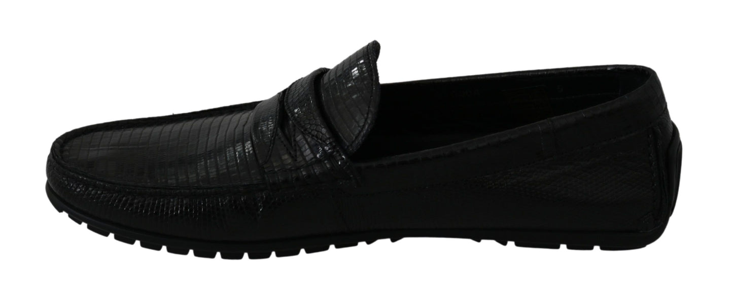 Exquisite Black Lizard Leather Loafers