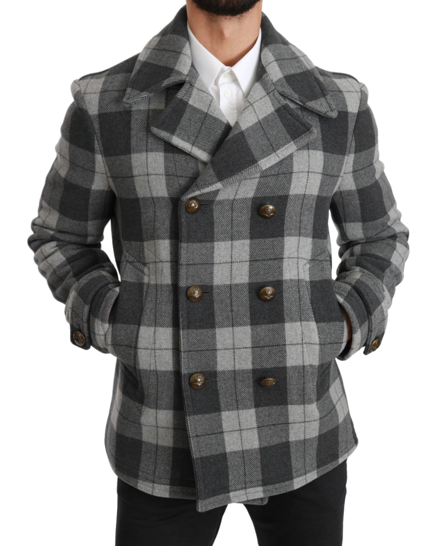 Elegant Gray Check Double Breasted Coat - GlamHub Luxury and Icon Brand Clothing