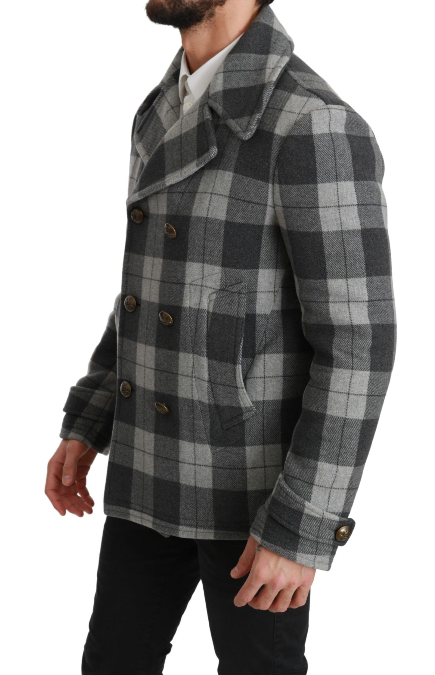 Elegant Gray Check Double Breasted Coat - GlamHub Luxury and Icon Brand Clothing