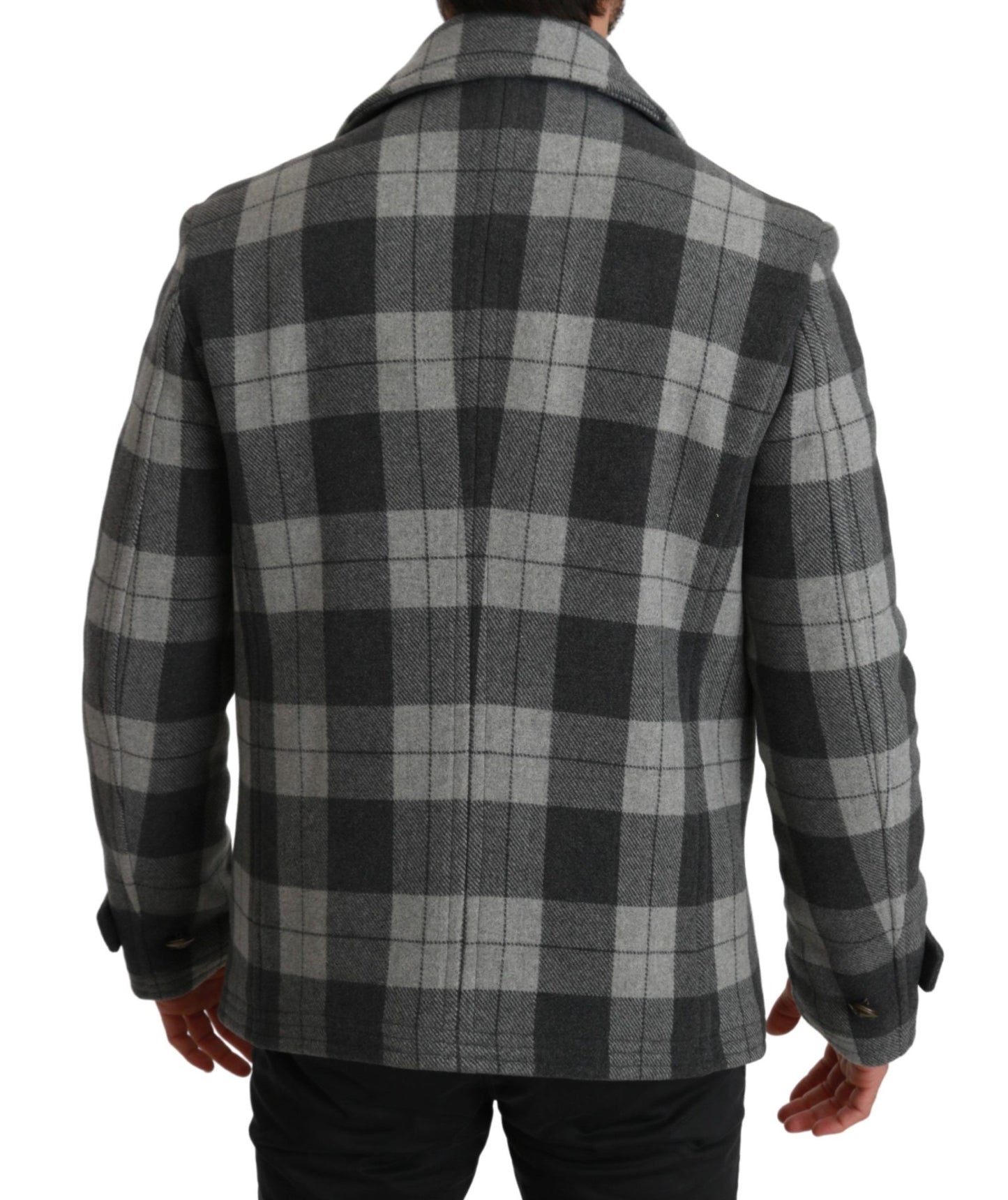 Elegant Gray Check Double Breasted Coat - GlamHub Luxury and Icon Brand Clothing