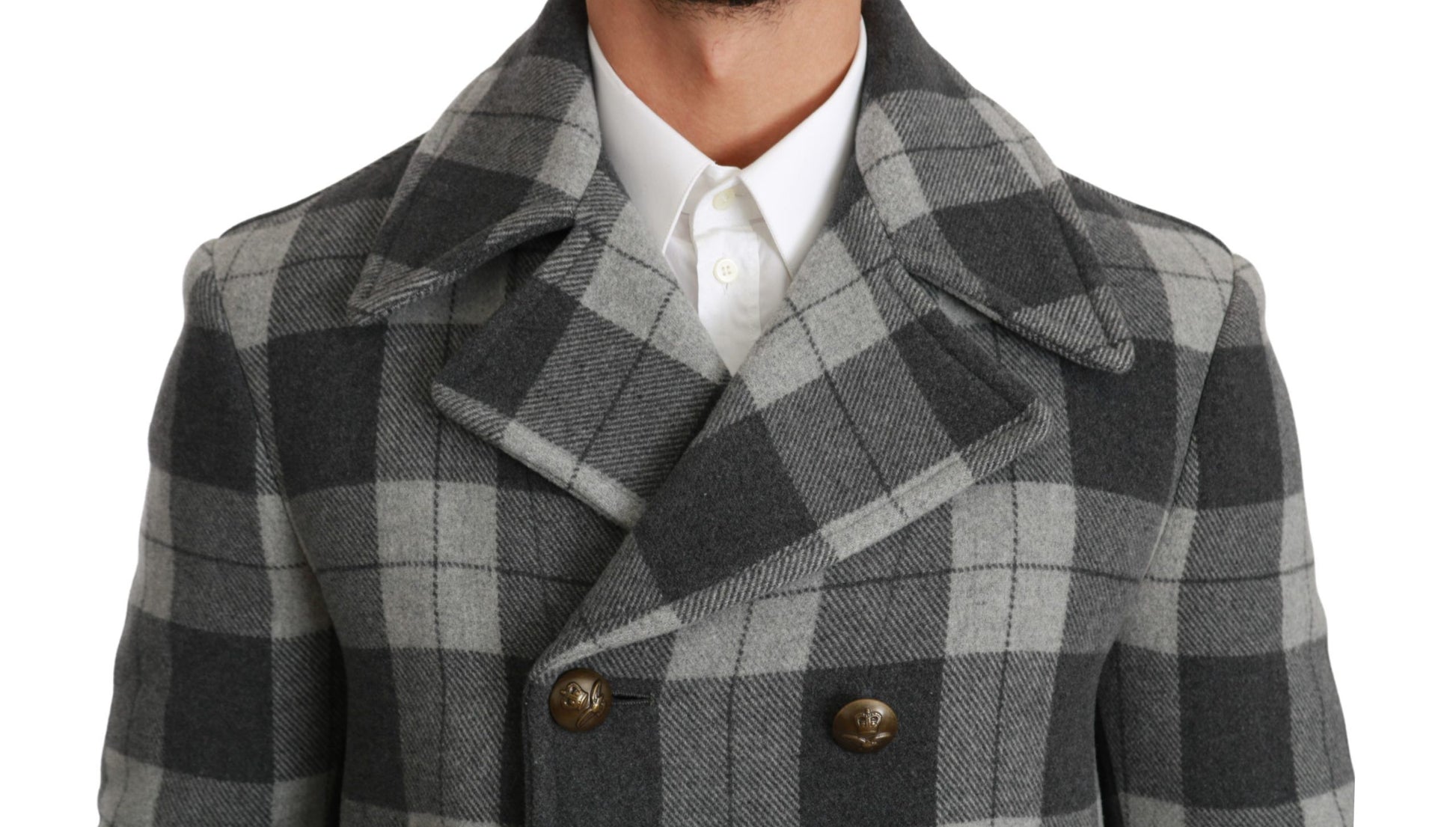 Elegant Gray Check Double Breasted Coat - GlamHub Luxury and Icon Brand Clothing