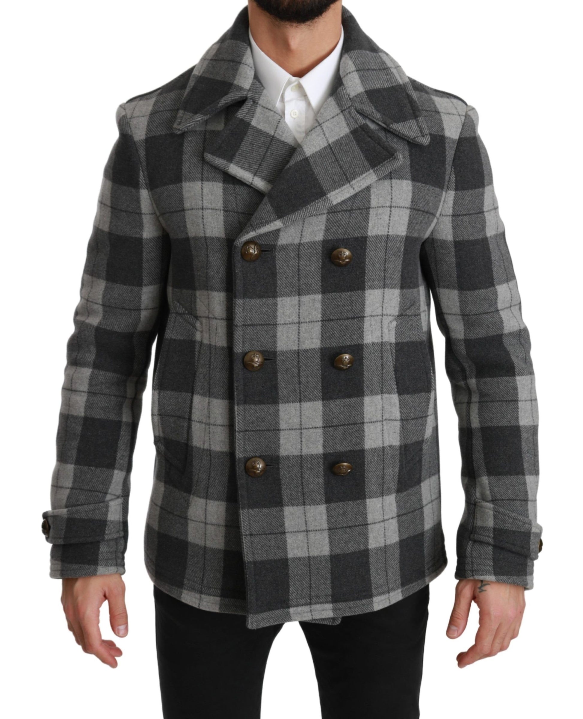 Elegant Gray Check Double Breasted Coat - GlamHub Luxury and Icon Brand Clothing