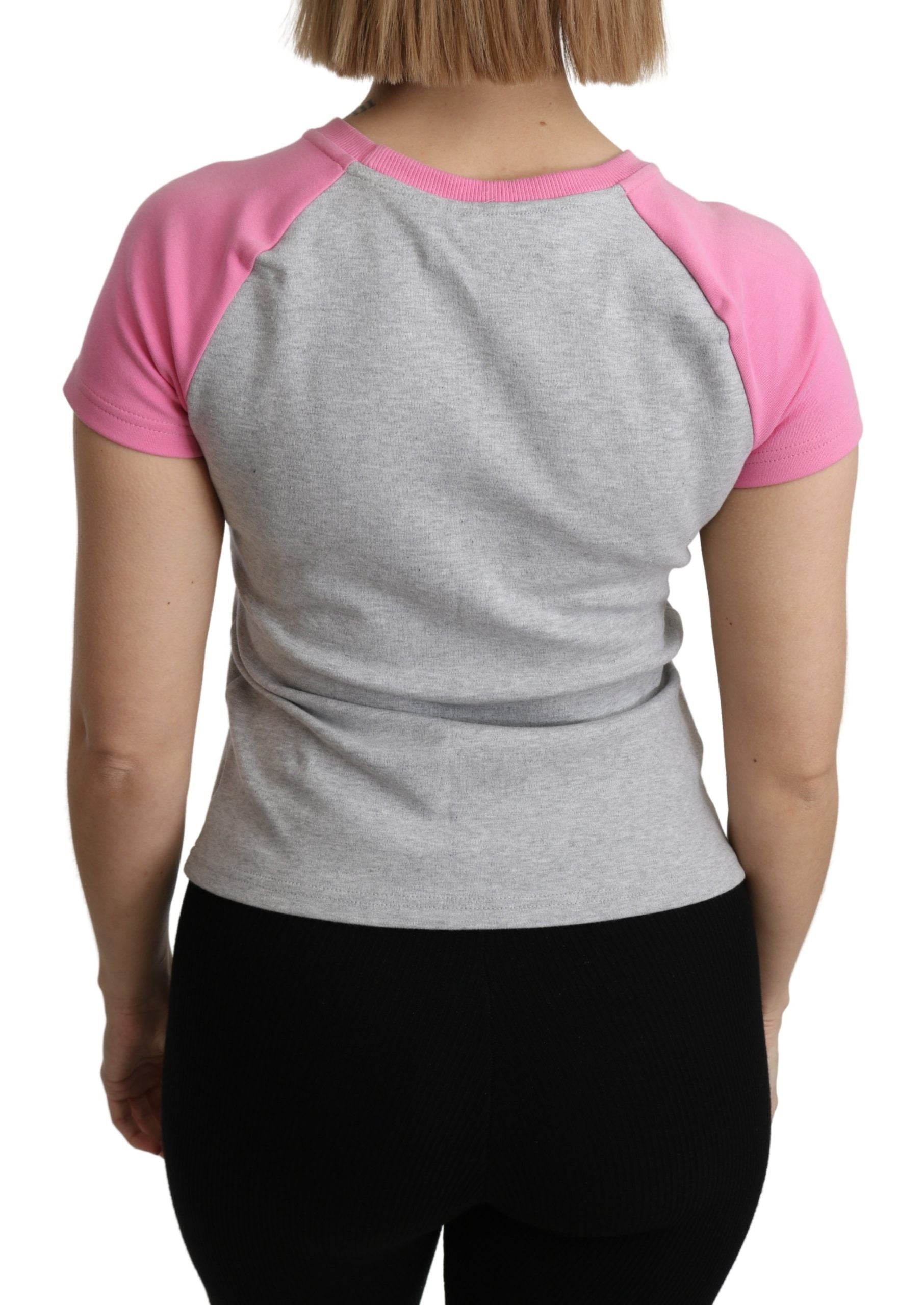 Chic Gray Crew Neck Cotton T-shirt with Pink Accents - GLAMHUB BOUTIQUE 