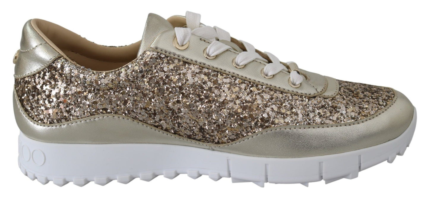 Antique Gold Glitter Leather Sneakers - GLAMHUB BOUTIQUE 