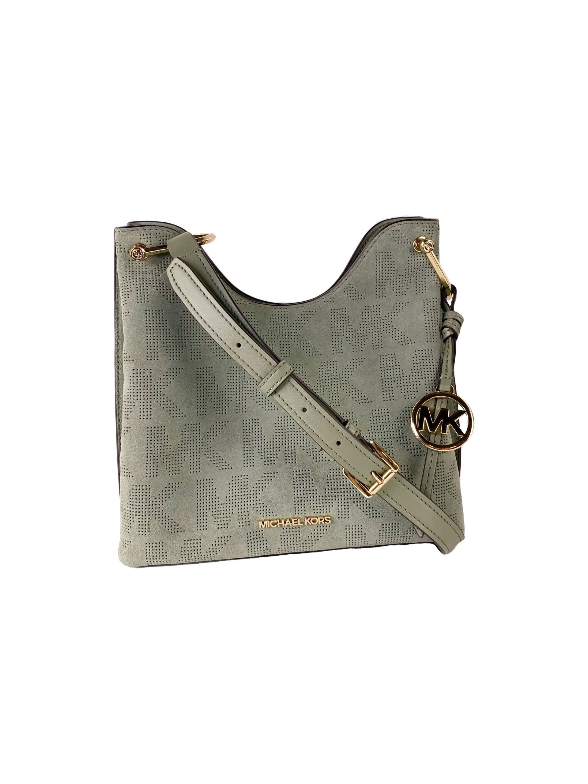 Joan Large Perforated Suede Leather Slouchy Messenger Handbag (Army Green) - GLAMHUB BOUTIQUE 