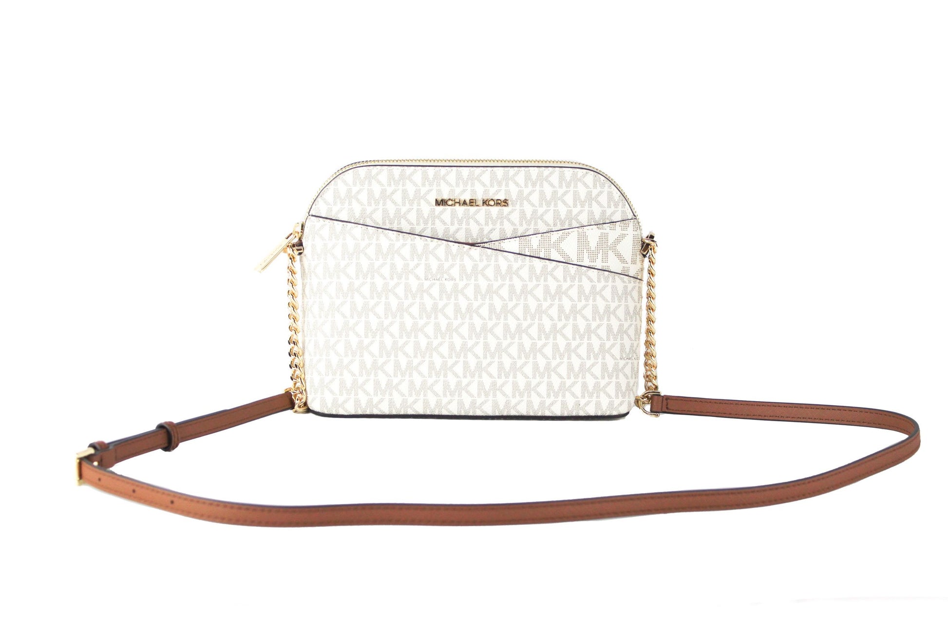 Jet Set Travel Medium Leather X Cross Dome Crossbody Handbag (Vanilla Signature/Gold) - GLAMHUB BOUTIQUE 