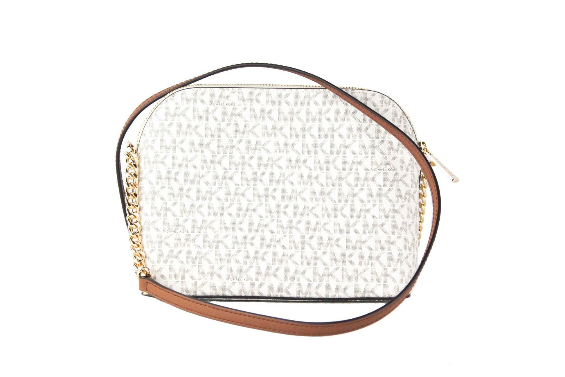 Jet Set Travel Medium Leather X Cross Dome Crossbody Handbag (Vanilla Signature/Gold) - GLAMHUB BOUTIQUE 