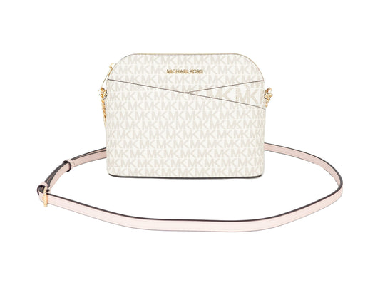 Jet Set Travel Medium Leather X Cross Dome Crossbody Handbag (Vanilla Signature/Powder Blush) - GLAMHUB BOUTIQUE 