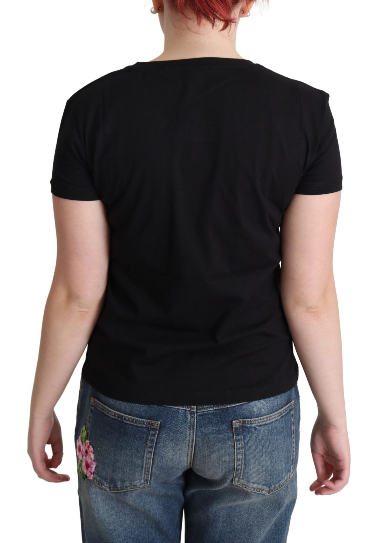 Chic Black Cotton Tee with Playful Print - GLAMHUB BOUTIQUE 