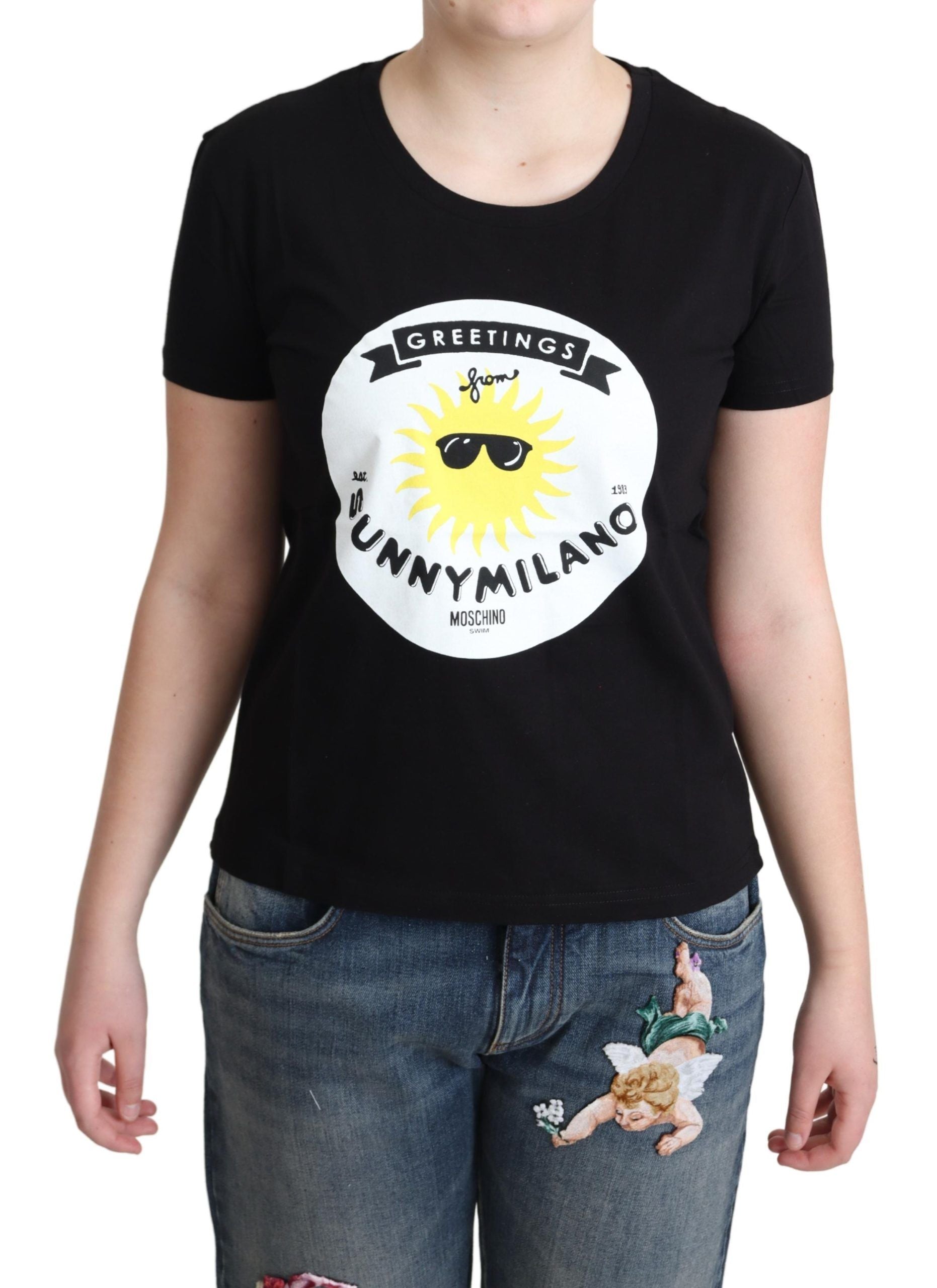 Chic Moschino Cotton Tee with Milano Print - GLAMHUB BOUTIQUE 