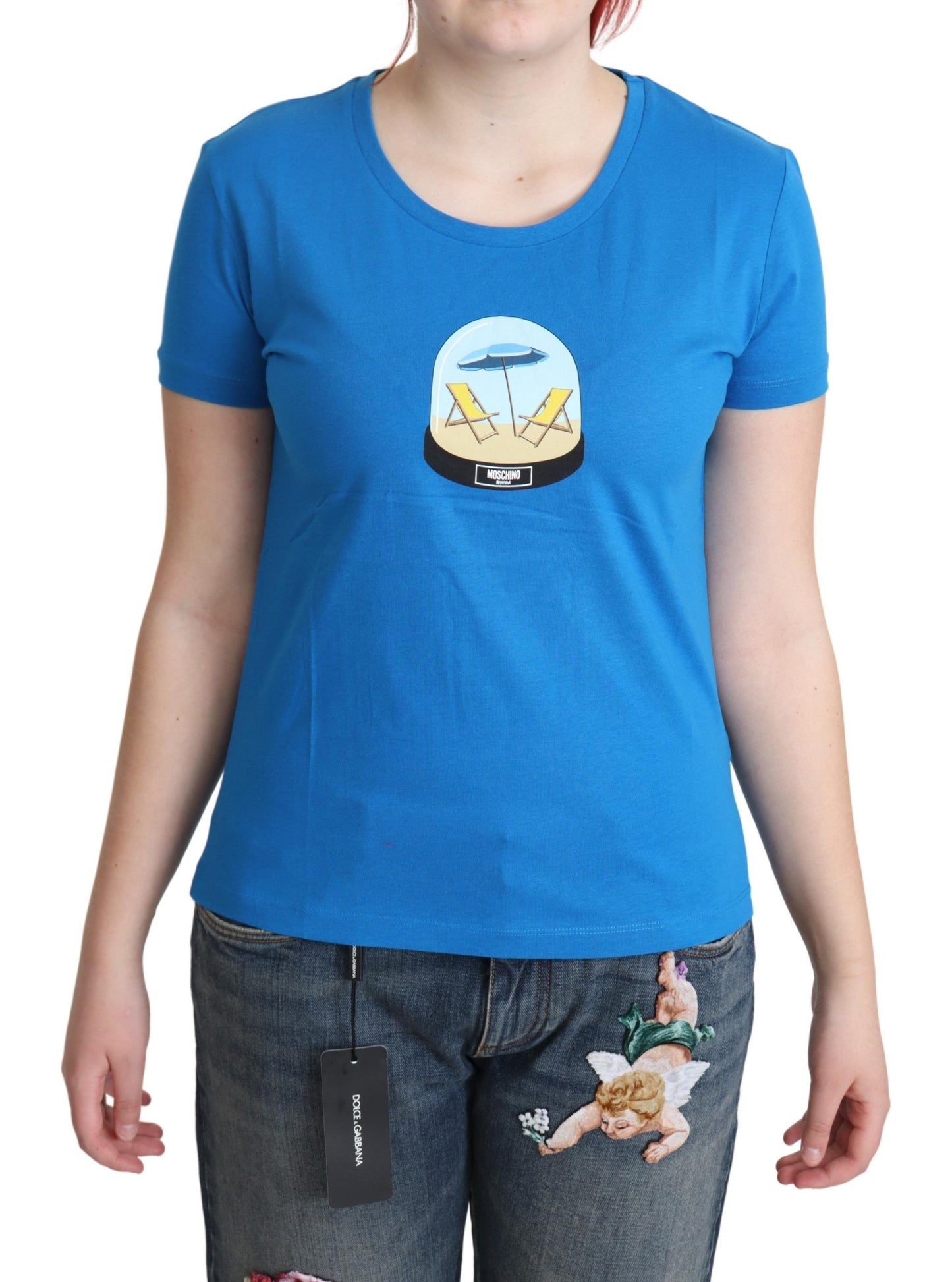 Chic Blue Cotton Tee with Iconic Print - GLAMHUB BOUTIQUE 