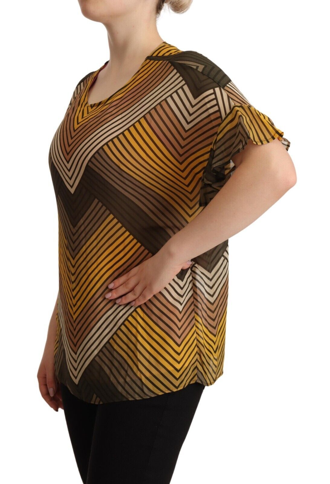 Chic Multicolor Striped Short Sleeve Blouse - GlamHub Luxury and Icon Brand Clothing