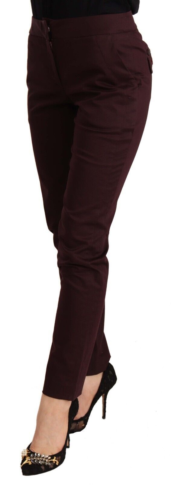 Maroon Slim Fit Skinny Pants with Zipper Detail - GLAMHUB BOUTIQUE 