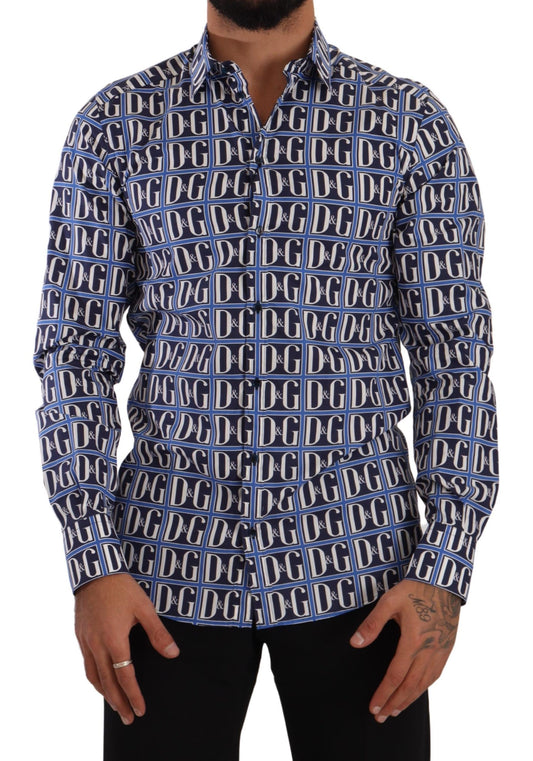 Dolce & Gabbana Slim Fit Blue Logo Cotton Shirt