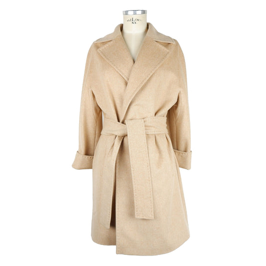 Elegant Beige Wool Coat with Waist Belt - GlamHub Luxury and Icon Brand Clothing