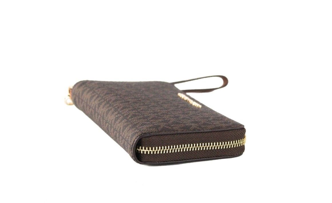 Jet Set Large Brown Signature PVC Flat Multifunction Wrist Wallet - GLAMHUB BOUTIQUE 