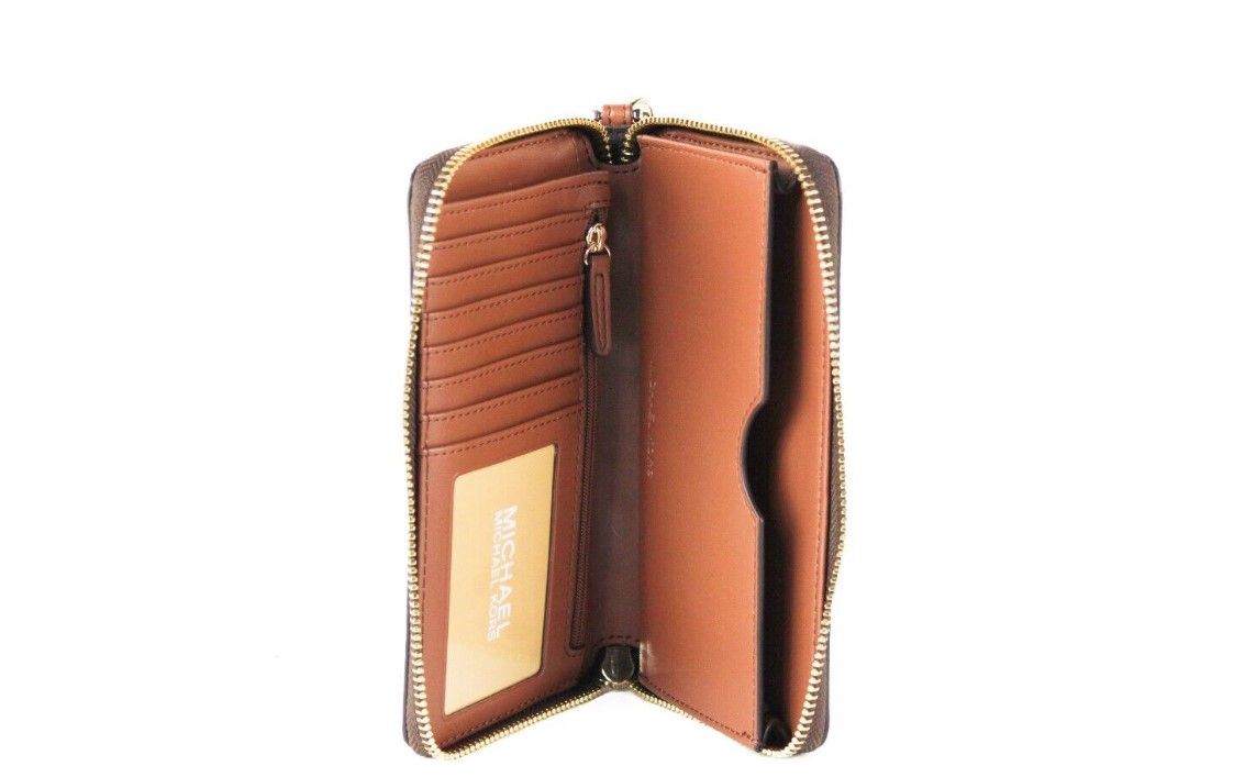 Jet Set Large Brown Signature PVC Flat Multifunction Wrist Wallet - GLAMHUB BOUTIQUE 