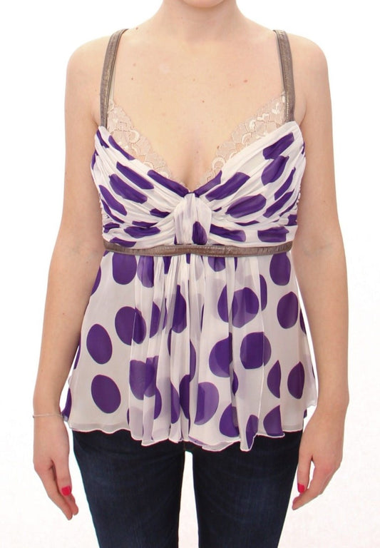 Elegant Polka Dotted Silk Blouse with Leather Detailing - GlamHub Luxury and Icon Brand Clothing