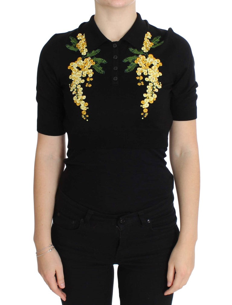 Elegant Black Silk Floral Polo Top - GlamHub Luxury and Icon Brand Clothing