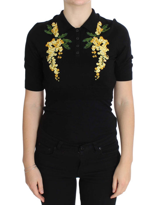 Elegant Black Silk Floral Polo Top - GlamHub Luxury and Icon Brand Clothing