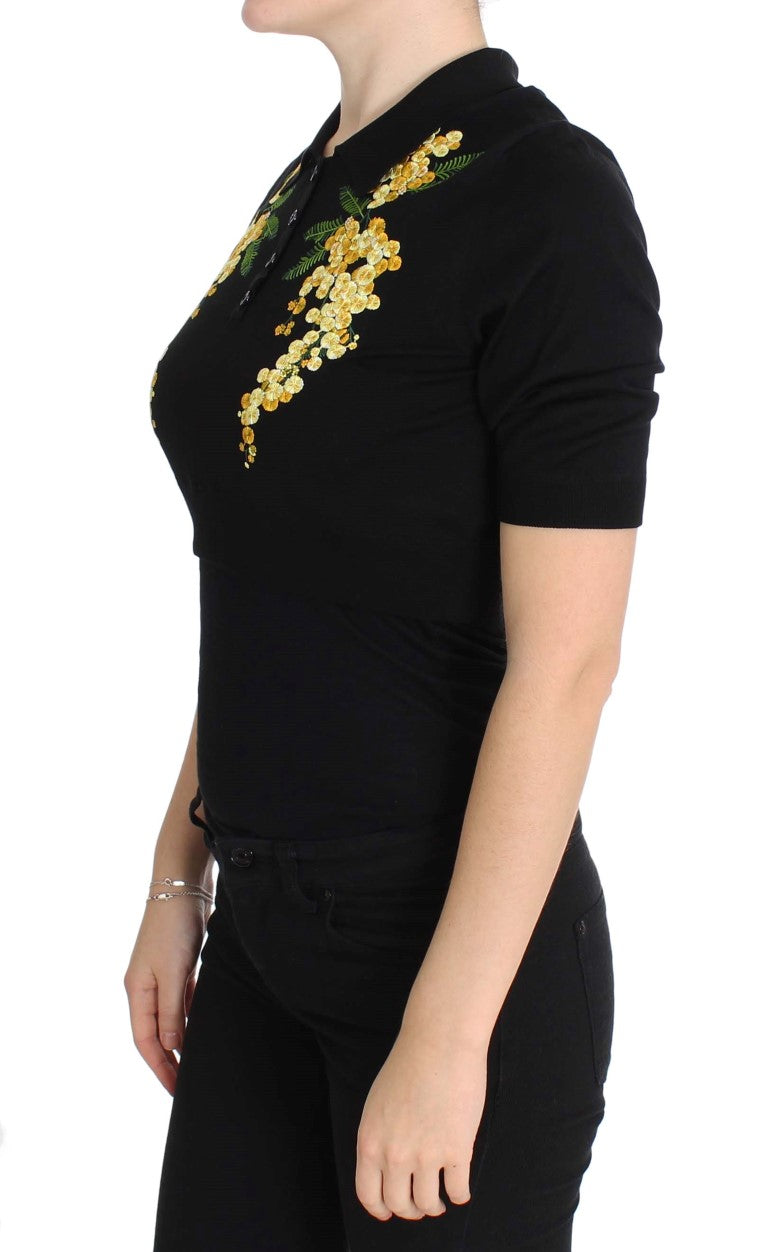 Elegant Black Silk Floral Polo Top - GlamHub Luxury and Icon Brand Clothing