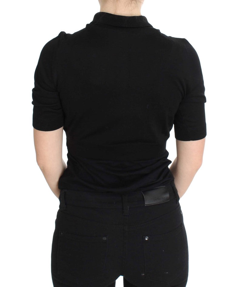 Elegant Black Silk Floral Polo Top - GlamHub Luxury and Icon Brand Clothing