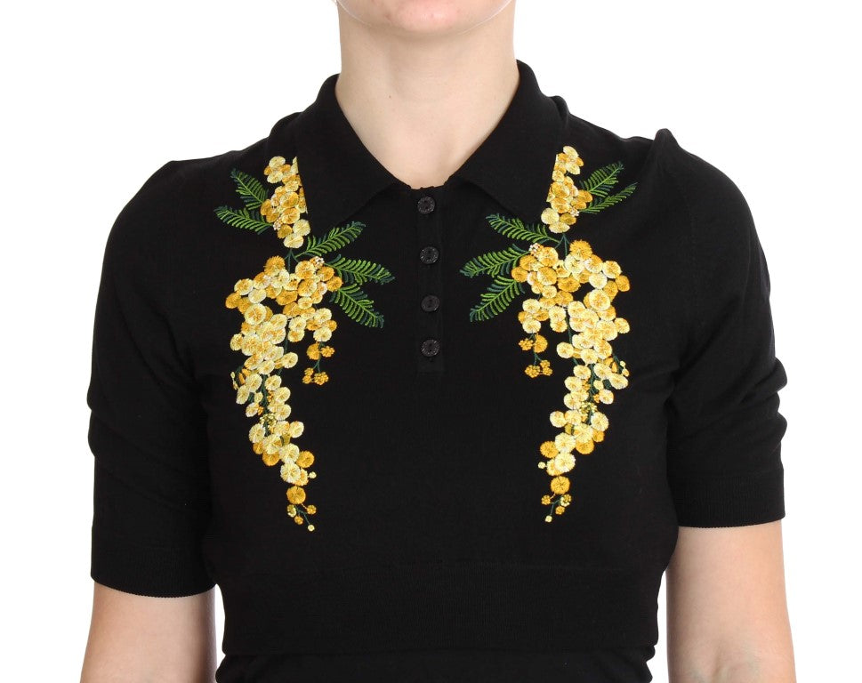 Elegant Black Silk Floral Polo Top - GlamHub Luxury and Icon Brand Clothing