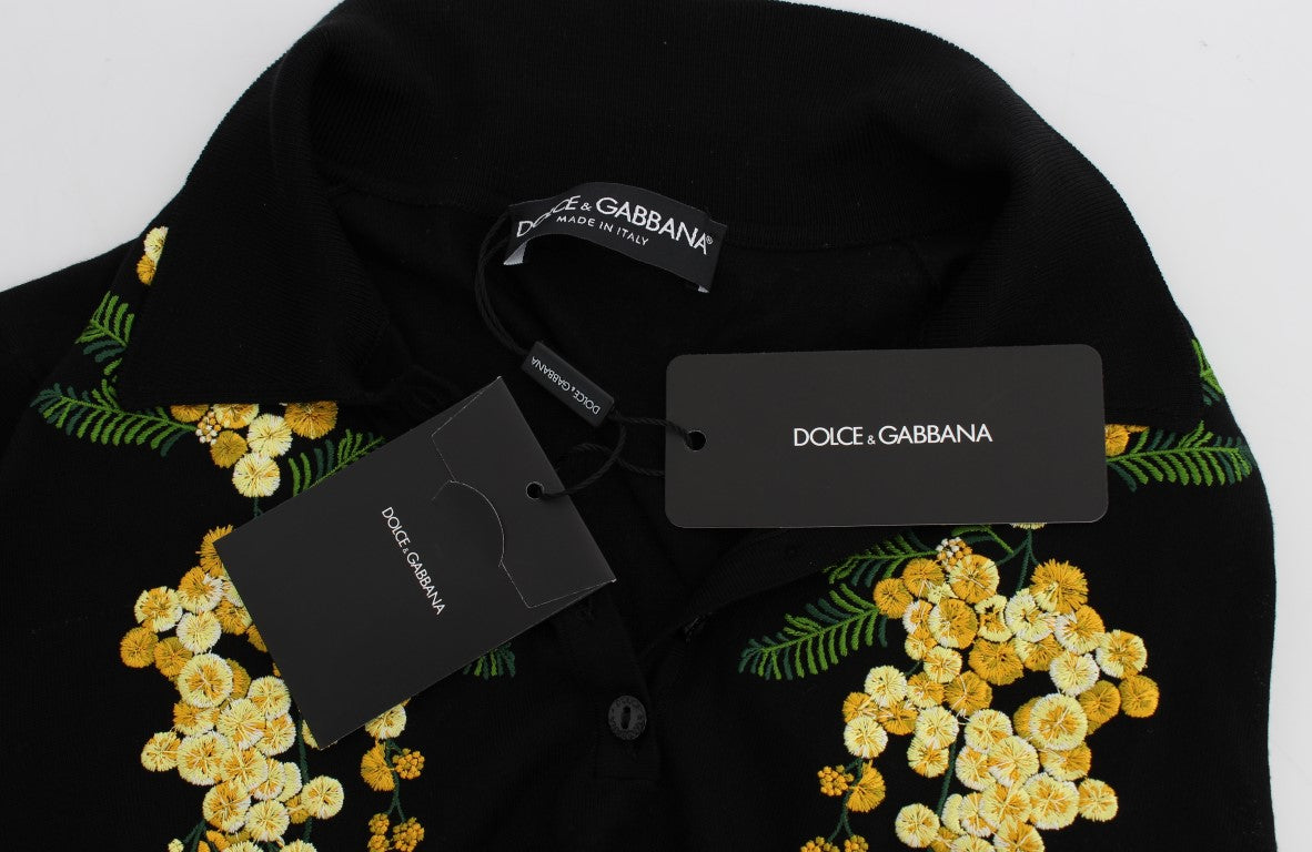 Elegant Black Silk Floral Polo Top - GlamHub Luxury and Icon Brand Clothing