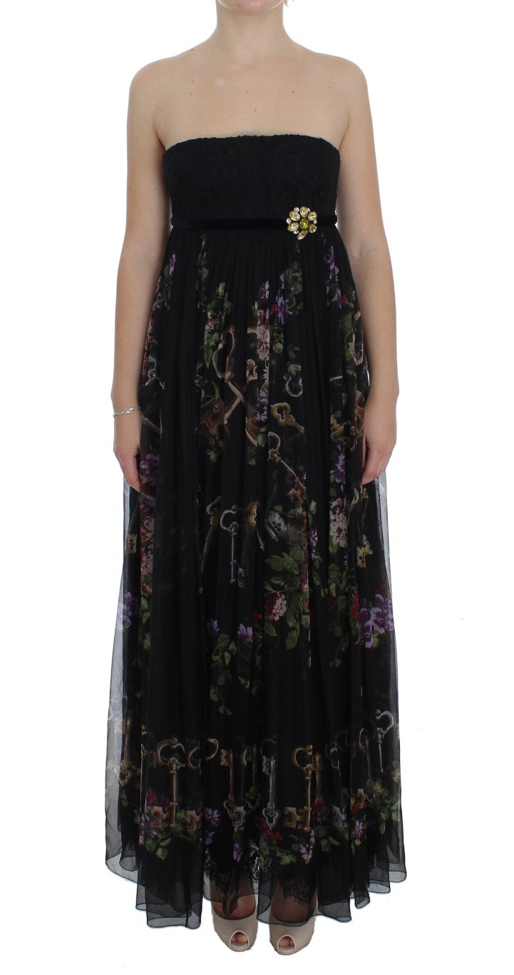 Multicolor Rose & Key Print Maxi Dress with Crystal - GlamHub Luxury and Icon Brand Clothing