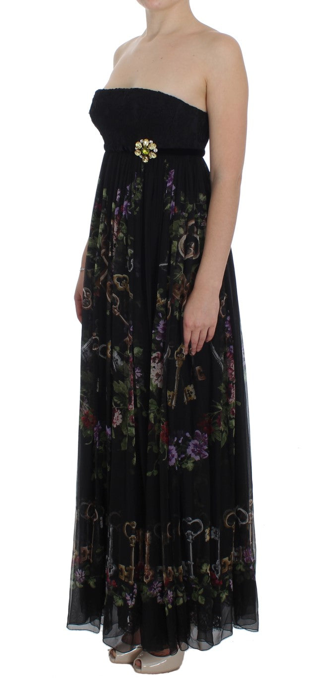 Multicolor Rose & Key Print Maxi Dress with Crystal - GlamHub Luxury and Icon Brand Clothing