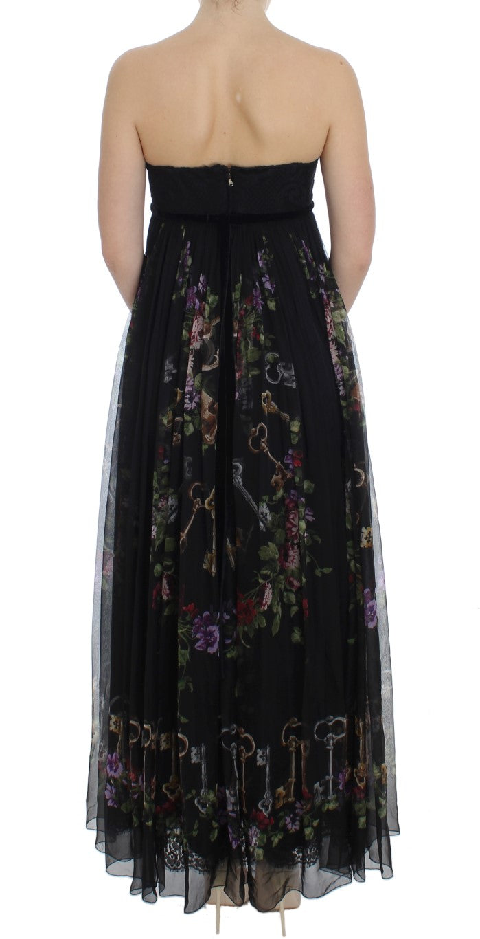 Multicolor Rose & Key Print Maxi Dress with Crystal - GlamHub Luxury and Icon Brand Clothing