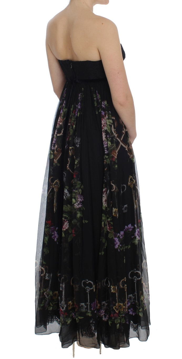 Multicolor Rose & Key Print Maxi Dress with Crystal - GlamHub Luxury and Icon Brand Clothing