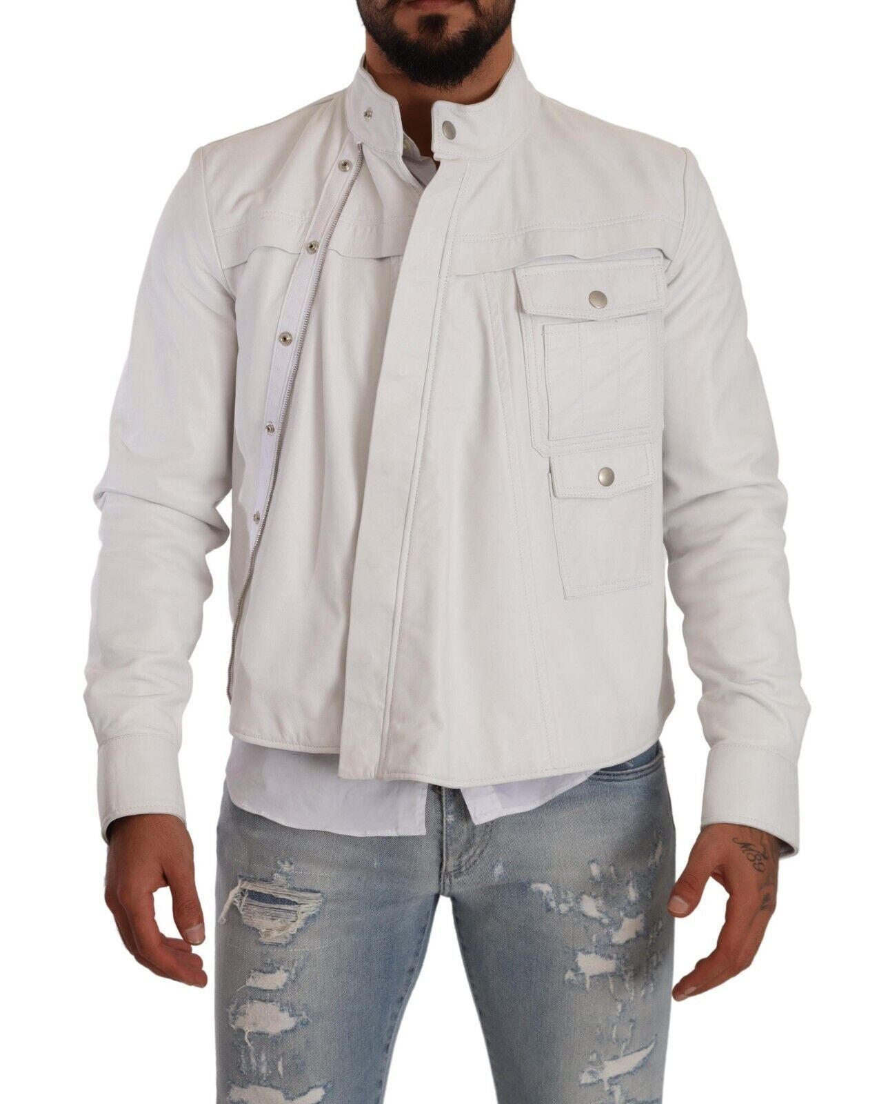 Exquisite White Leather Biker Jacket - GLAMHUB BOUTIQUE 