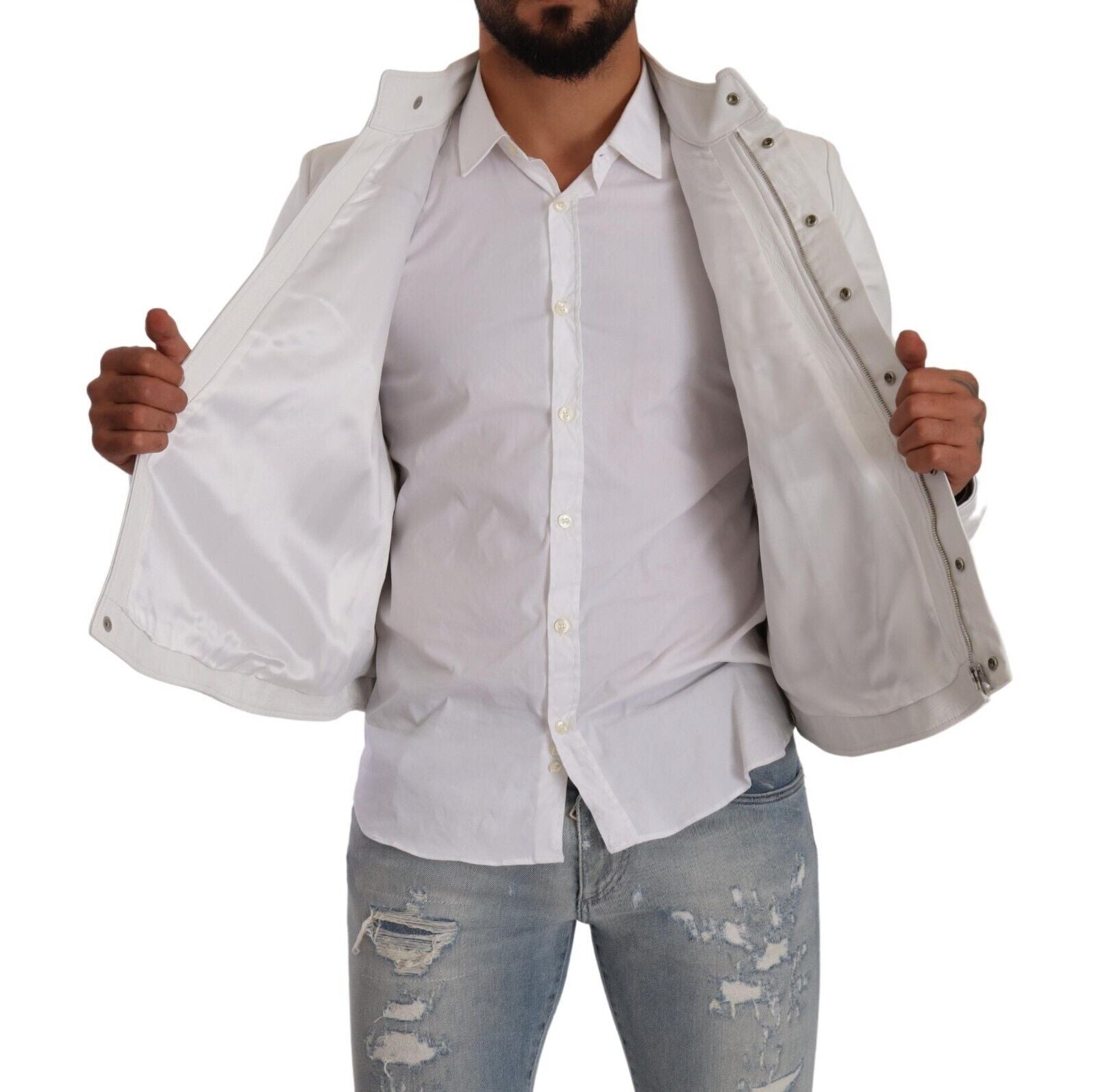 Exquisite White Leather Biker Jacket - GLAMHUB BOUTIQUE 