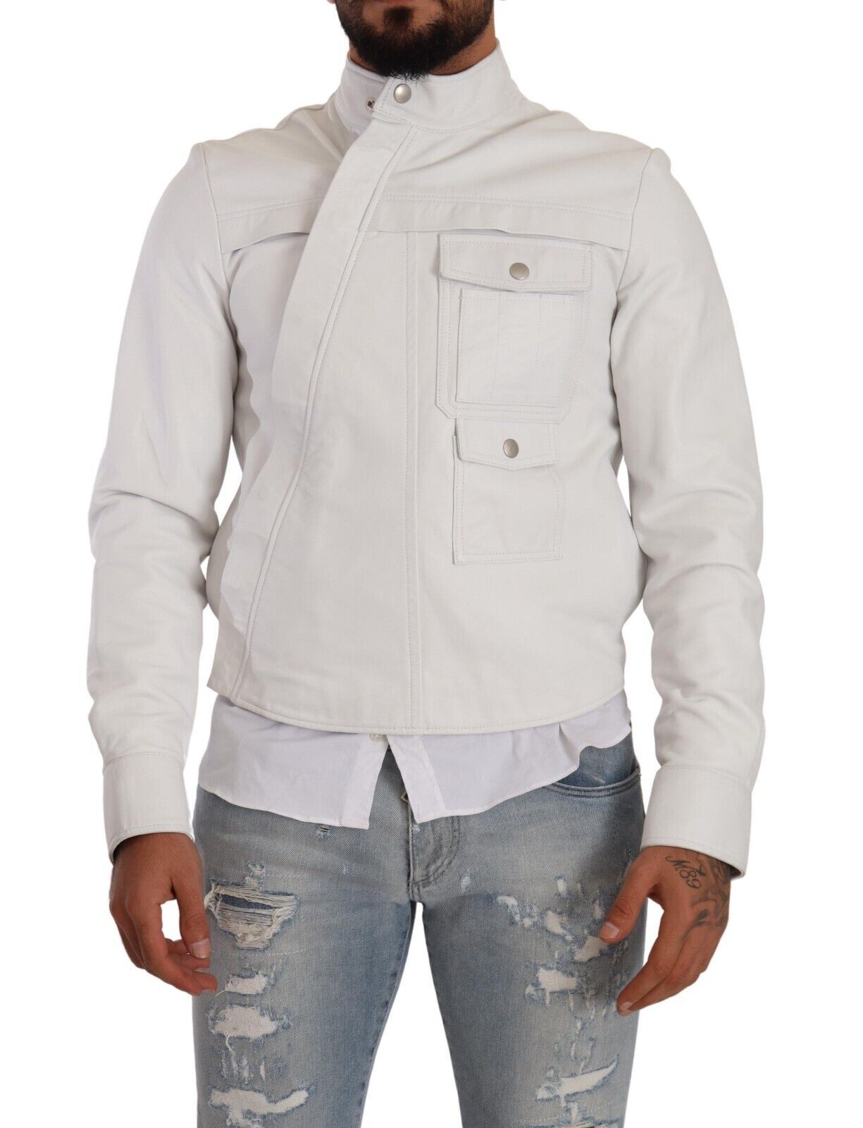 Exquisite White Leather Biker Jacket - GLAMHUB BOUTIQUE 