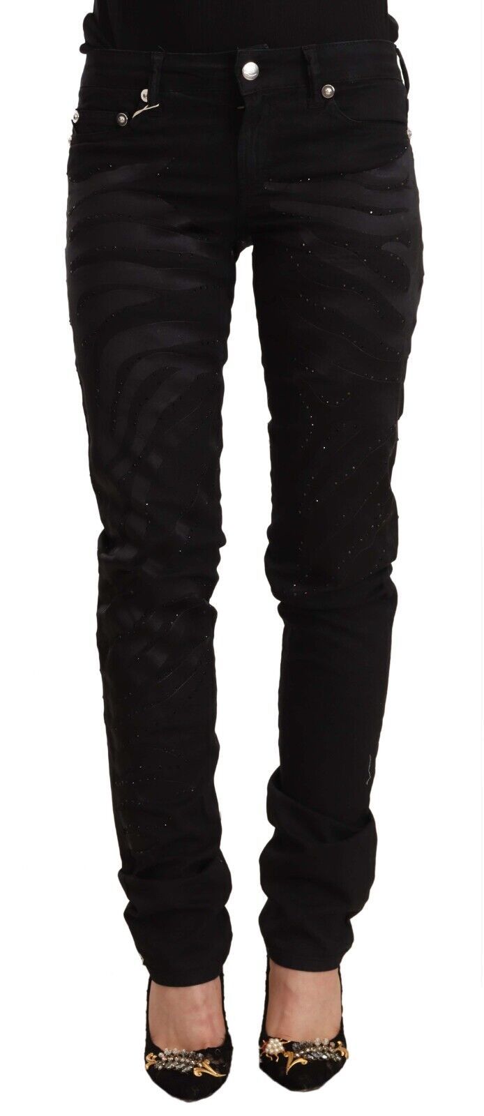 Elegant Black Slim Fit Embellished Jeans - GLAMHUB BOUTIQUE 