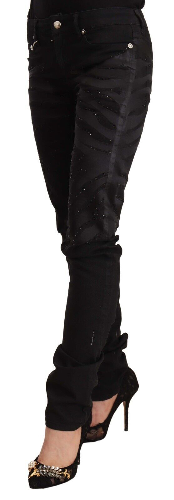 Elegant Black Slim Fit Embellished Jeans - GLAMHUB BOUTIQUE 