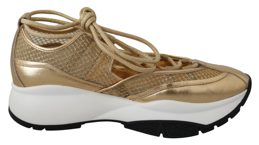 Golden Glamour Mesh Leather Sneakers - GLAMHUB BOUTIQUE 