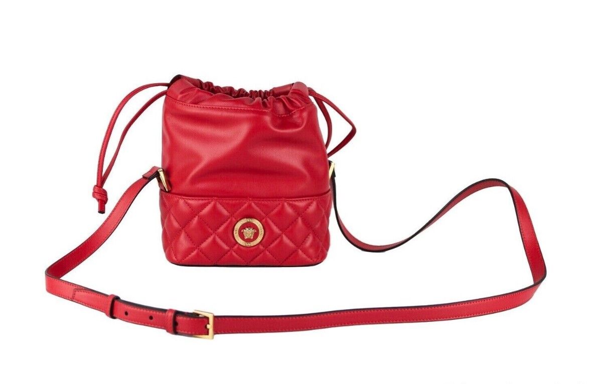 Red Quilted Leather Drawstring Shoulder Bag Bucket Crossbody Handbag - GLAMHUB BOUTIQUE 