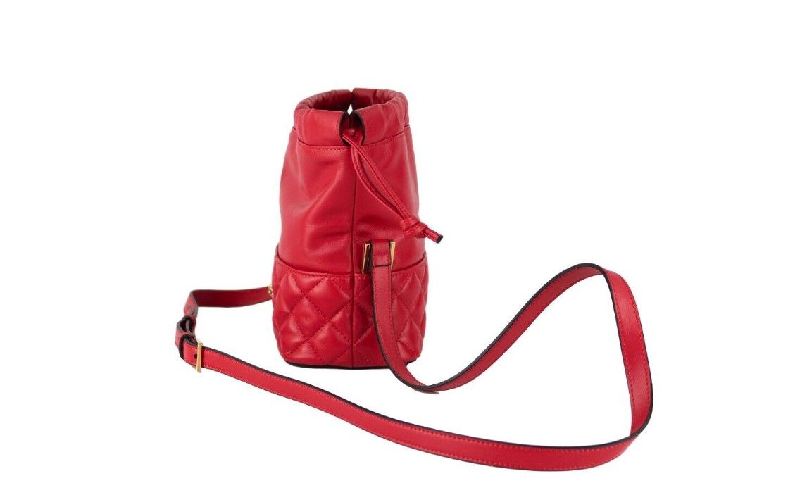 Red Quilted Leather Drawstring Shoulder Bag Bucket Crossbody Handbag - GLAMHUB BOUTIQUE 