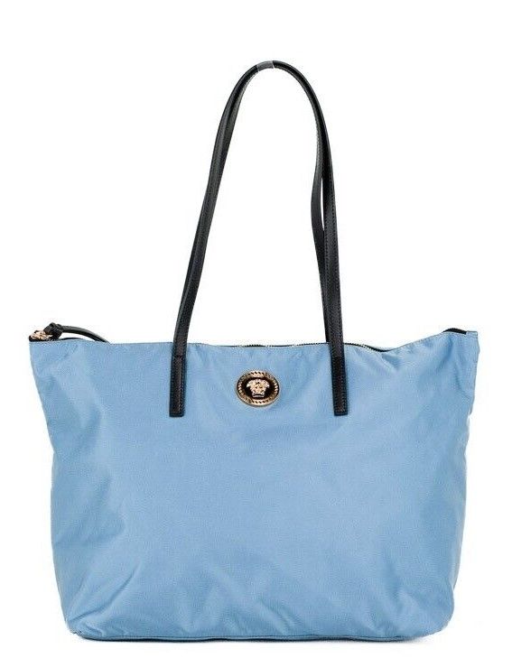 Portuna Medusa Medium Cornflower Blue Nylon Leather Tote Bag Purse - GLAMHUB BOUTIQUE 